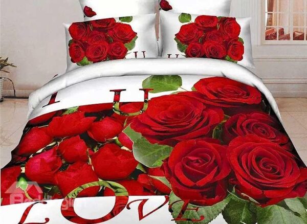 Pretty Red Rose Print 4-Piece Cotton Duvet Cover Sets