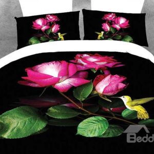Amazing Rose and Hummingbird Print 4-Piece Duvet Cover Sets