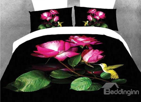 Amazing Rose and Hummingbird Print 4-Piece Duvet Cover Sets