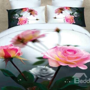 Pink Rose wiht Gray Background 4-Piece Duvet Cover Sets