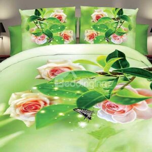 Shining Pink Rose and Black Butterfly Print 4-Piece Duvet Cover Sets