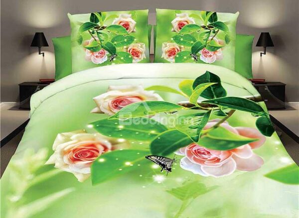 Shining Pink Rose and Black Butterfly Print 4-Piece Duvet Cover Sets