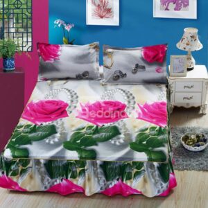 Lifelike 3D Roses Necklace Print Cotton Bed Skirt
