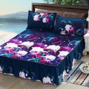 Cordate Telosma Print Dark Blue Cotton Bed Skirt