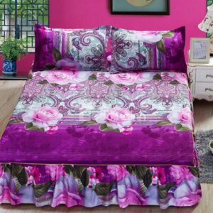 Pink Flowers Print Noble Purple Bed Skirt