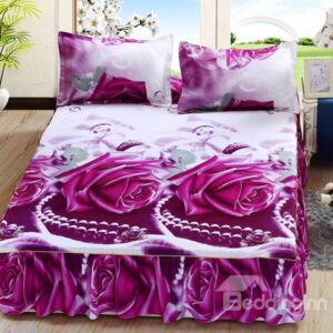 Purple Flower and Necklace Print Cotton Bed Skirt
