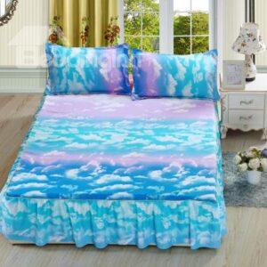 Gorgeous Blue Clouds Print Cotton Bed Skirt