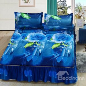 Dewy Blue Rose Print Soft Cotton Bed Skirt