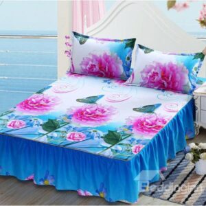Fancy Pink Rose Printing Blue Cotton Bed Skirt