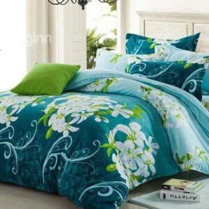 White Flower Print Fresh Green 4-Piece Duvet Cover Sets