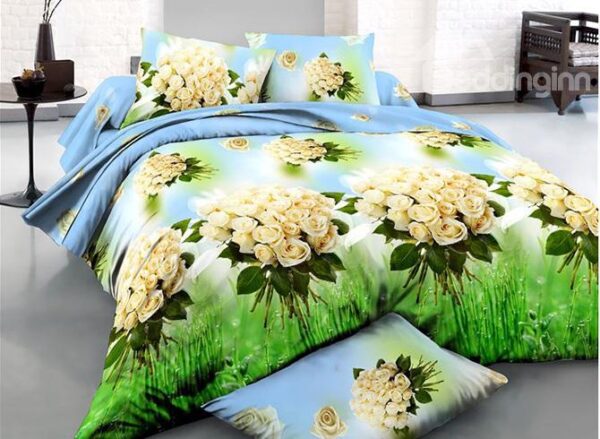 Yellow Rose Printing Refreshing Green 4-Piece Duvet Cover Sets