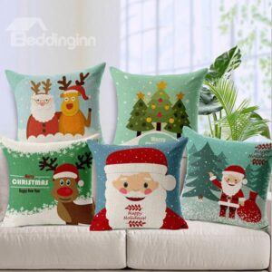 Lovely Santa Claus Christmas Tree Elk Print Cotton Linen Throw Pillow for Christmas