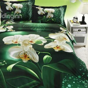White Flowers Print Fresh Green 4-Piece Cotton Duvet Cover Sets