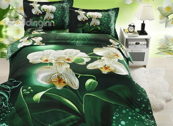 White Flowers Print Fresh Green 4-Piece Cotton Duvet Cover Sets