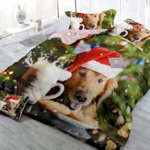 Pup Wearing Christmas Hat Print Satin Drill Green 4-Piece Christmas Duvet Cover Sets