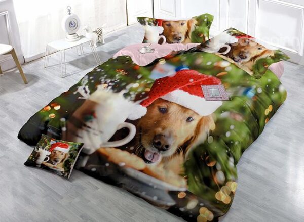 Pup Wearing Christmas Hat Print Satin Drill Green 4-Piece Christmas Duvet Cover Sets