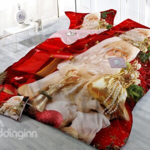 Gracious Father Christmas Carrying Gift Print Red 4-Piece Christmas Duvet Cover Sets