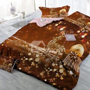 Brown Reindeer Christmas Gift Print Satin Drill 4-Piece Duvet Cover Sets