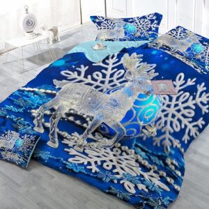 Reindeer Snowflake Print Blue 4-Piece Christmas Duvet Cover Sets