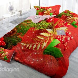 Christmas Decor Print Satin Drill 4-Piece Red Duvet Cover Sets
