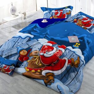 Santa Claus Print Satin Drill 4-Piece Blue Duvet Cover Sets