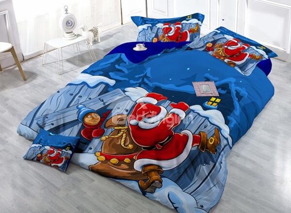 Santa Claus Print Satin Drill 4-Piece Blue Duvet Cover Sets