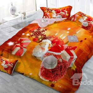 Christmas Gift Sheep and Candles Print Satin Drill 4-Piece Christmas Duvet Cover Sets