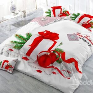 Christmas Gift Print Satin Drill 4-Piece White Christmas Duvet Cover Sets