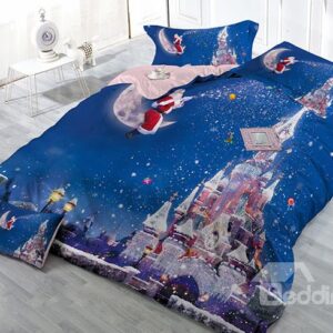 Santa Claus Sitting on Moon Castle Print Christmas 4-Piece Blue Duvet Cover Sets