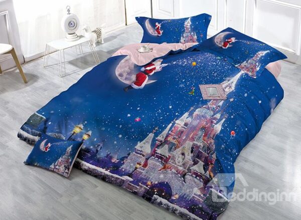 Santa Claus Sitting on Moon Castle Print Christmas 4-Piece Blue Duvet Cover Sets