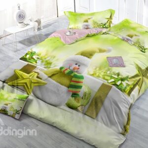 Green Christmas Snowman Digital Print Satin Drill 4-Piece Duvet Cover Sets