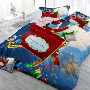 Santa Claus on Sleigh Print Satin Drill 4-Piece Christmas Duvet Cover Sets