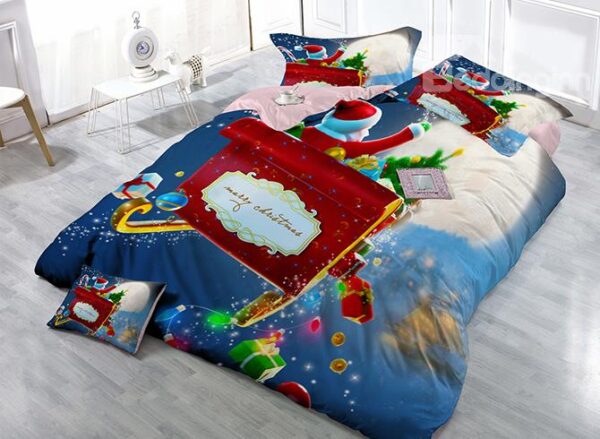 Santa Claus on Sleigh Print Satin Drill 4-Piece Christmas Duvet Cover Sets