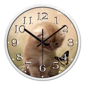 Super Cute Kitten Nursey Bedroom Round Mute Wall Clock