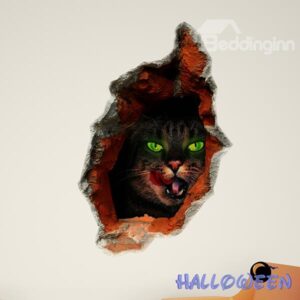 Halloween Evil-Looking Cat With Green Eyes in a Wall Hole 3D Wall Sticker