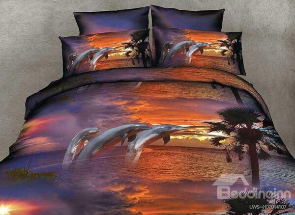 Twilight Scenery Jumping Dolphins Print 4-Piece Duvet Cover Sets