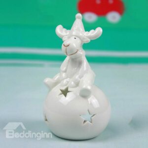 Lovely Smiling Reindeer Design Ceramic 2-Piece Candle Holder