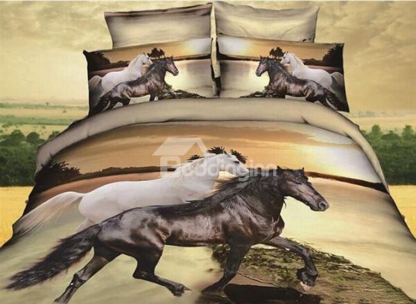 Black and White Running Horses Print 4-Piece Cotton Duvet Cover Sets