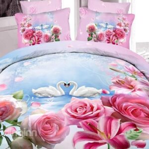 Pink Flowers Swan Couple Print 4-Piece Duvet Cover Sets