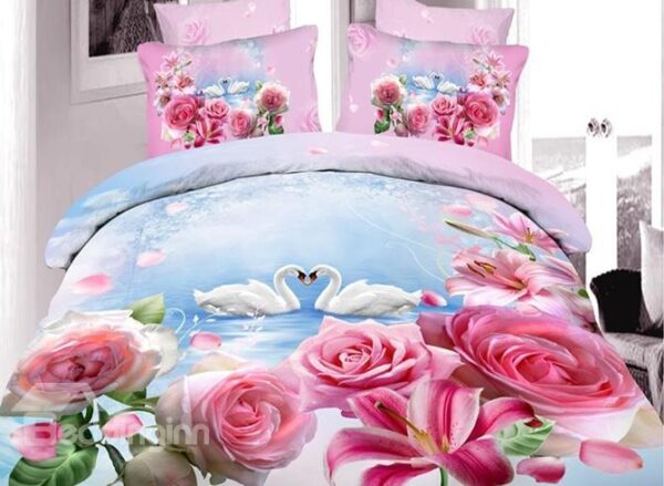 Pink Flowers Swan Couple Print 4-Piece Duvet Cover Sets