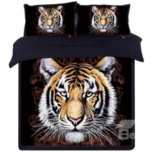 Stylish Tiger Head Print Black 4-Piece Cotton Duvet Cover Sets