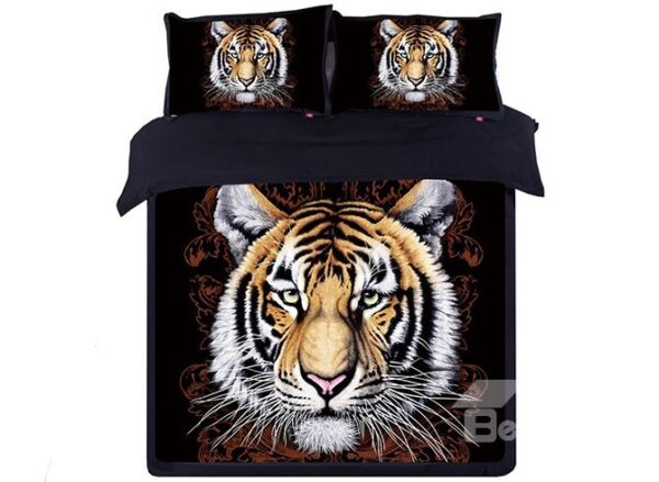 Stylish Tiger Head Print Black 4-Piece Cotton Duvet Cover Sets