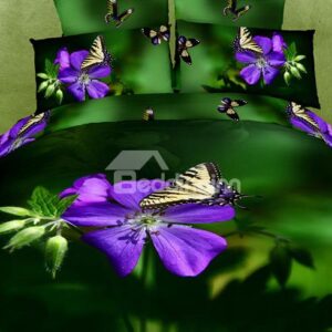 Fresh Purple Flowers Butterflies Print 4-Piece Cotton Duvet Cover Sets