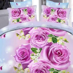 Fancy Purple Flowers Print Polyester 4-Piece Duvet Cover Sets