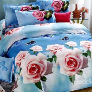 Gorgeous Pink Flowers Butterflies Print 4-Piece Duvet Cover Sets
