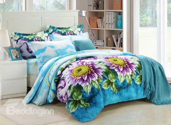 Refreshing Flowers Design Blue 4-Piece Duvet Cover Sets