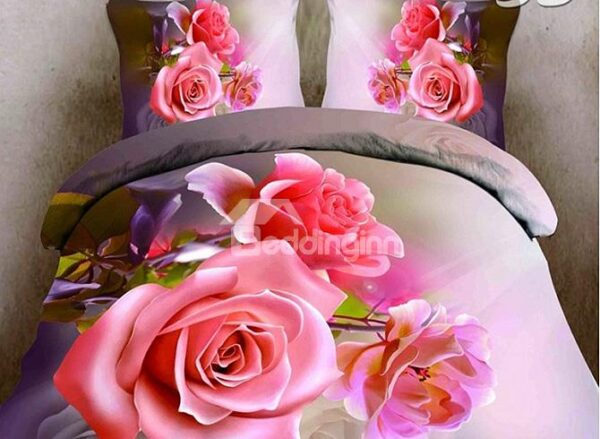 New Arrival Vivid Pink Flower Print 4-Piece Duvet Cover Sets