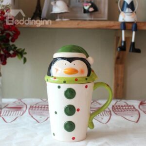 Cute Cartoon Penguine Design Lid Ceramics Coffee Mug