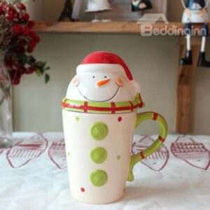 Smiling Cartoon Snow Man Design Lid Ceramics Coffee Mug