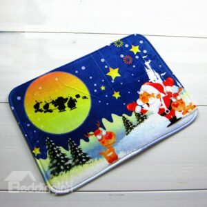 Festival Christmas Theme Santa Claus on Snowy Night Anti-Slipping Doormat